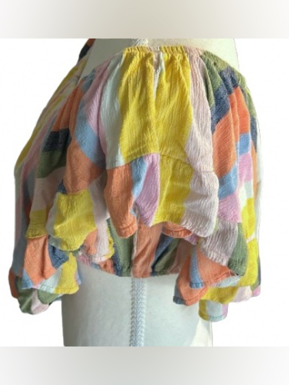 Crop Angie Pastel Rainbow StripeTop Shirt Large Boho Cropped Ruffle Beach Beachy - Picture 8 of 11